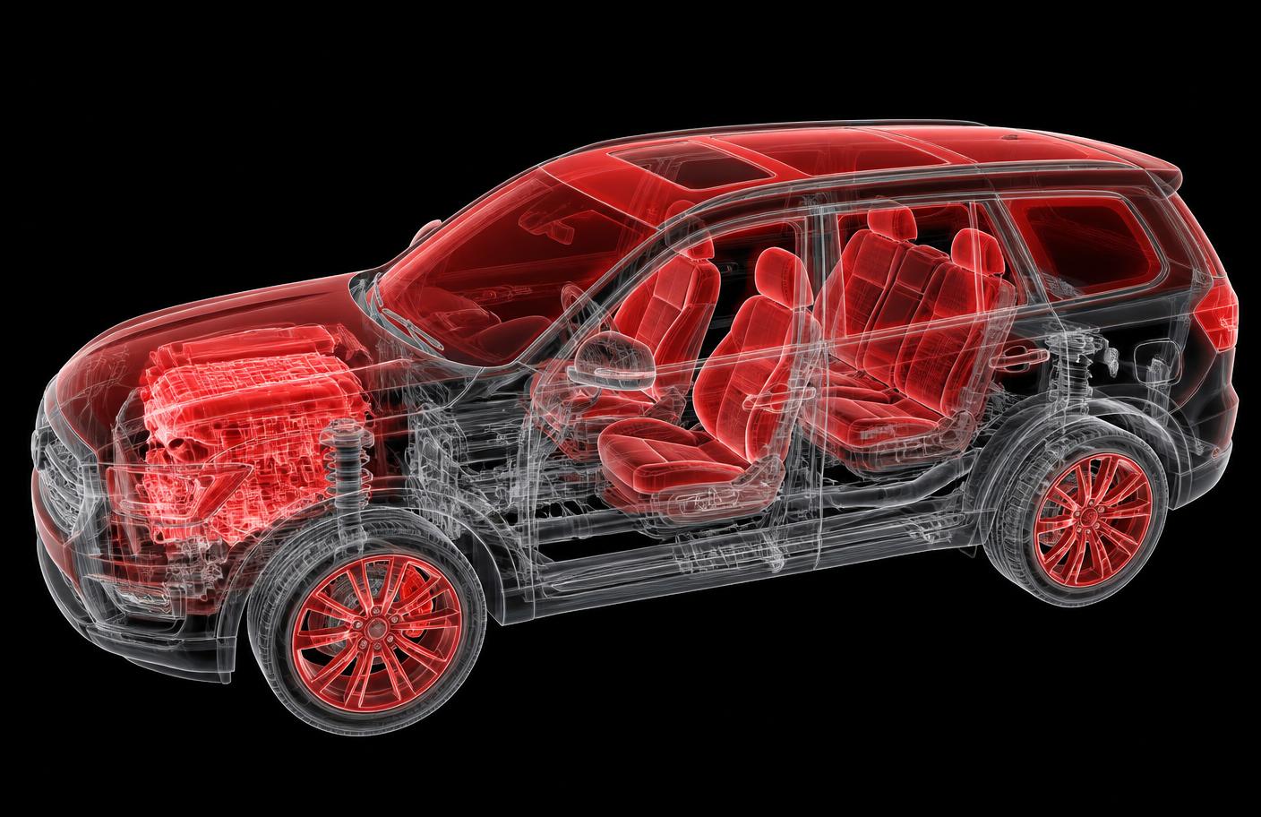 Vehicle with engine, interior, glass and wheel protection zones highlighted